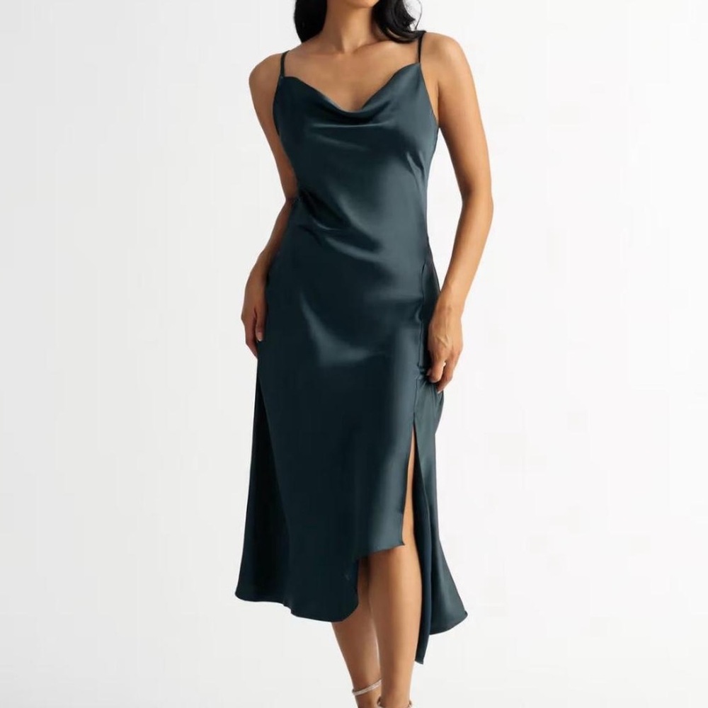 Tobi Dark Green Asymmetrical Hem Midi Dress